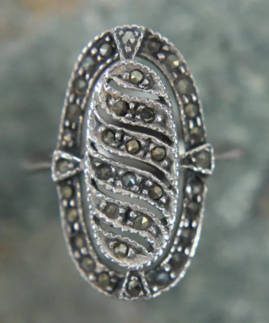 Vintage Marcasite Oval Cocktail Band Ring Size 6.75 925 Sterling Silver Art Deco