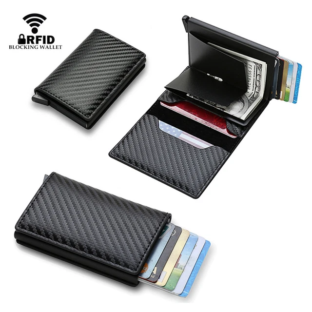 Mens Carbon Fiber RFID Blocking Leather Wallet Purse Slim Credit Card ID Holder