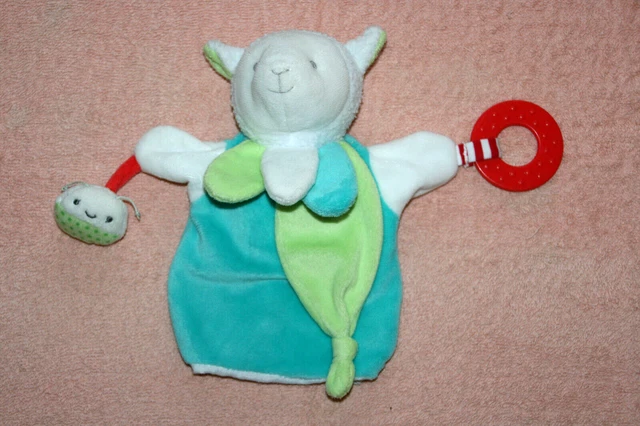 Doudou Et Compagnie Mouton Marionnette Bleu Vert Blanc Anneau De Dentition Ttbe