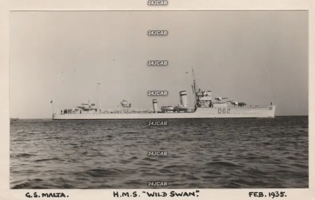 Unique Royal Navy RP Postcard. HMS  "Wild Swan" Destroyer. Sunk WW2. Malta. 1935