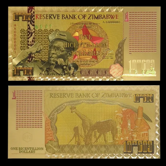 Zimbabwe 1 Bicentillion Dollars 24K Gold Foil Banknote African Freedom Fighter