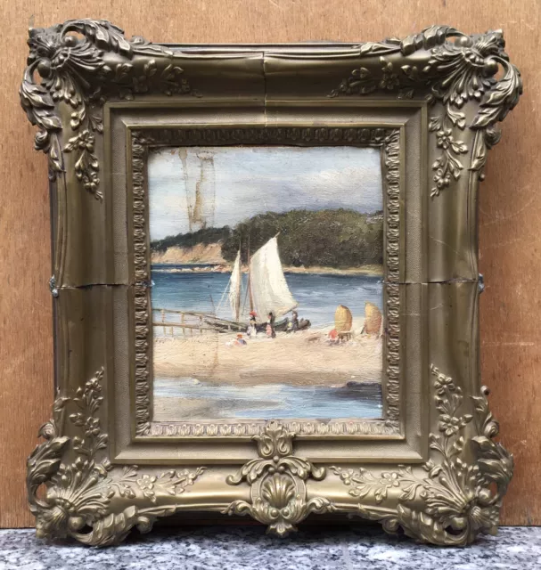 Petit Tableau Impressionniste Ancien Huile Paysage Marine Mer Bateau Voile XIXe