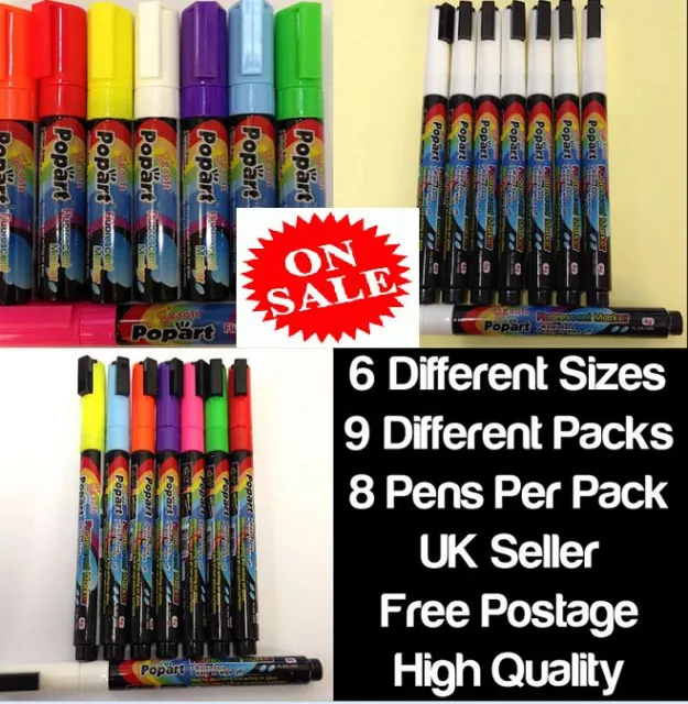 Pack Of 8 Neon Fluorescent Dry Wipe Liquid Chalk Marker Blackboard Window Pens