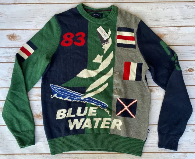 Nautica Intarsia '83 Blue Water Exclusive Sweater Navy Green Mens Small New