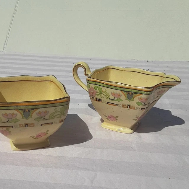 Vintage Royal Winton Grimwades Sugar & Creamer Set Gold Trim Unique Shape 2 Pcs