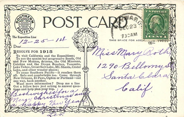 c1914 Postcard PPIE Scene Christmas Wishes Poinsettia Ad for Southern Pacific RR 2