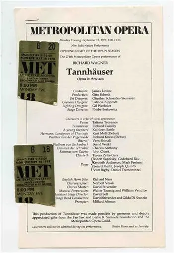 Tannhauser Ticket Stubs Metropolitan Opera 1978 Richard Cassilly Kurt Moll
