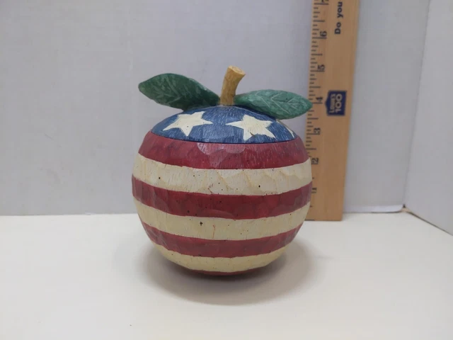 Apple Trinket Box Vintage Mervyn's Bath Works USA Red White And Blue Flag