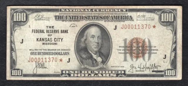Fr. 1890-J* 1929 $100 *Star* Frbn Federal Reserve Bank Note Kansas City, Mo Vf