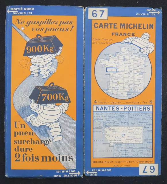 Carte MICHELIN 67 NANTES POITIERS 1929 Guide Bibendum pneu tyre map