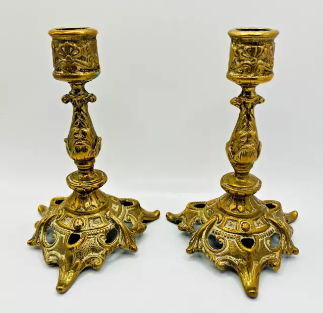 Stunning Pair of Antique Cast Brass Candle Sticks Ornate Design & Nice Patina