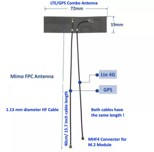 MHF4 Laptop Antenna LTE/GPS WWAN SIMCOM, Quectel, Fibocom, Sierra Wireless