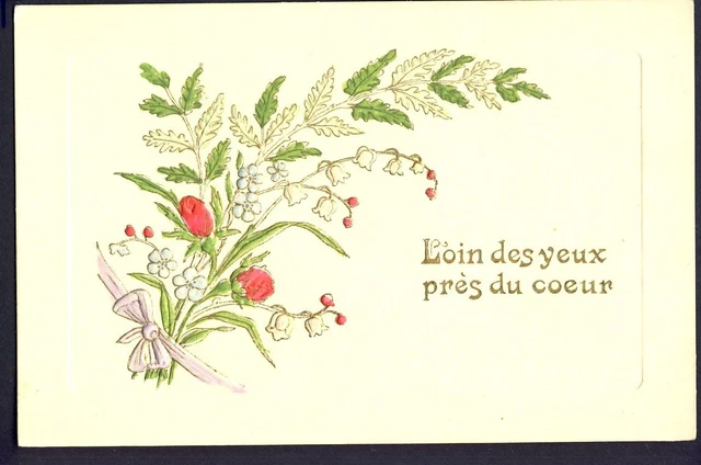 Très Belle cpa en relief MUGUET de MAI Porte BONHEUR Loin des Yeux près du Coeur