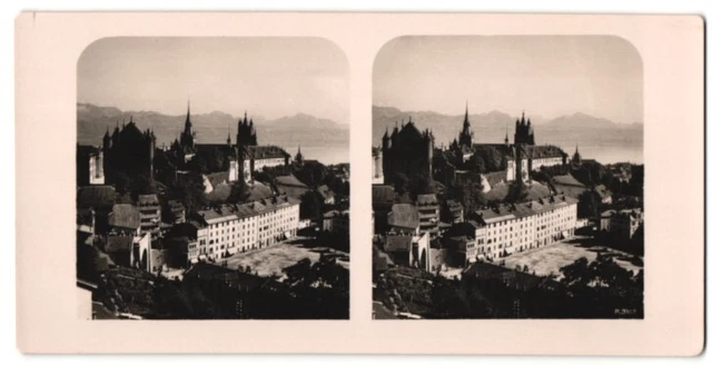 Stereo-Fotografie Fotograf unbekannt, Ansicht Lausanne, Gebäude im Stadtzentrum