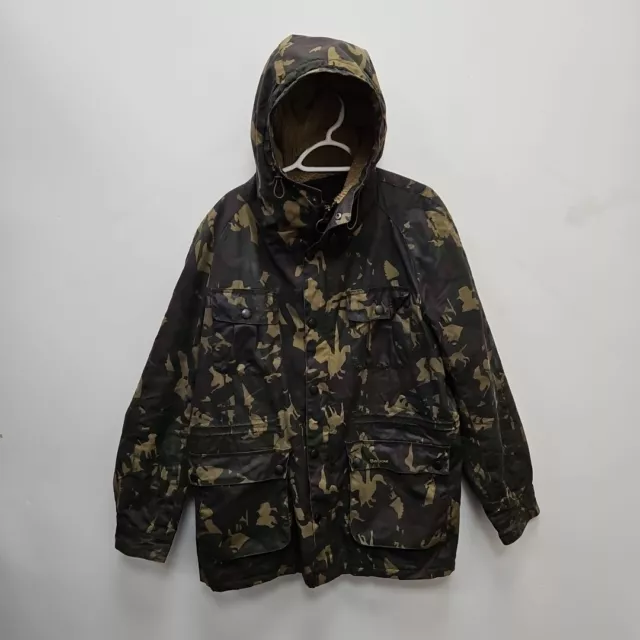 Barbour Brindle Camo Wax Waterproof Hooded Fur Sherpa Lined Jacket Green Large