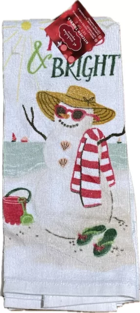 St. Nicholas Square Set Of 2 Snowman And Penguin On The Beach Kitchen Towels