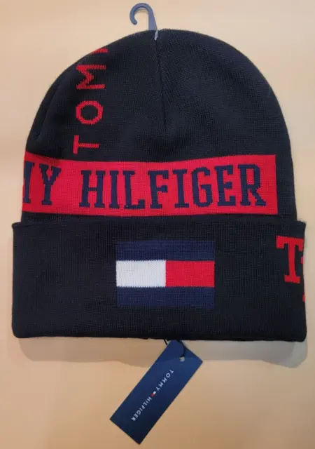 Tommy Hilfiger Knit Cuffed Beanie Cap Hat Black Red Multi NEW with Tag