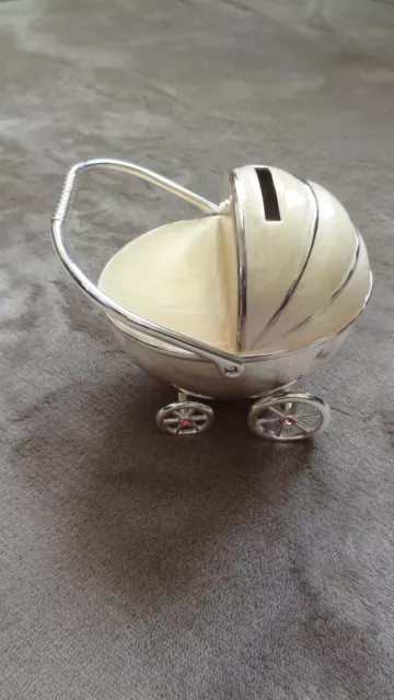 Christening Gift for Girl Silver White Enamelled Pram Money Box