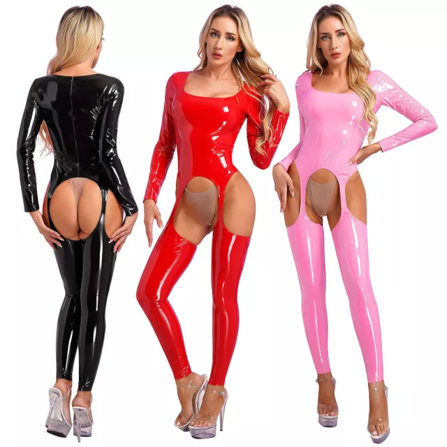 Women's Wet Look Patent Leather Bodysuit Zipper Jumpsuit Catsuit Party Clubwear