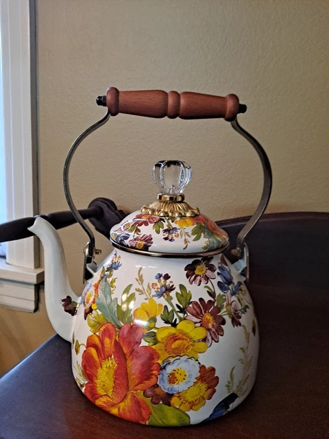 Mackenzie Childs White Flower Market 2 Quart Teapot/Tea Kettle