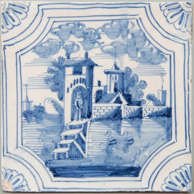 Nice Dutch Delft Blue fine painted tile, castle, 18th. century.