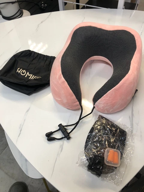 Memory Foam Travel Pillow Neck Support Cushion w Carry Bag Ear Plugs & Mask Gift