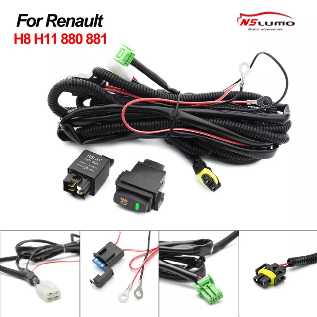 For Renault H8 H11 LED Fog Lights Wiring Harness Indicator Switch Relay Kits 40A