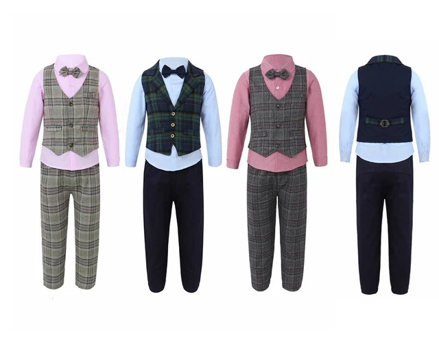 4pcs Kinder Gentleman Anzug Bekleidungsset Langarm Hemd Hose Weste Hochzeit Set
