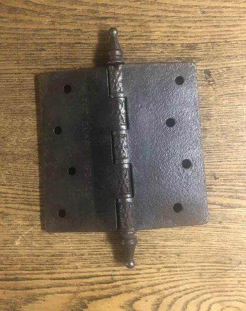 Large 5” X 5” Antique Iron Fancy Steeple-Tipped Door Hinges By Clark, C1880’s 3