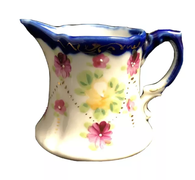 Nippon Creamer Hand Painted Moriage Pink Roses Cobalt Blue Gold 1891-1921
