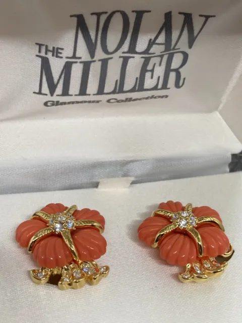 Nolan Miller Gold color & Coral Fashion Clip On earrings NIB