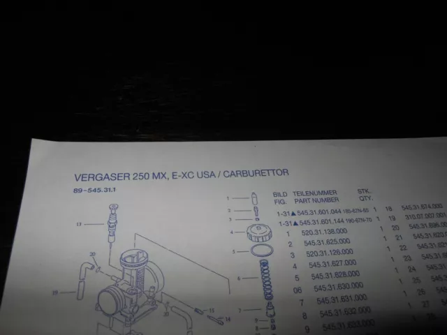 KTM Carburetor Exploded View Part List Vergaser 250 MX E-XC USA 89-545.31.1