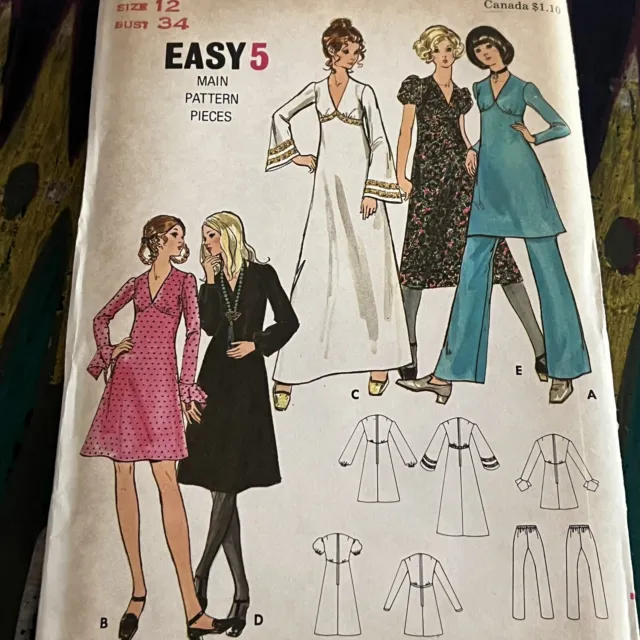 Vintage 1970s Butterick 3142 disco Maxi Dress + Pants Sewing Pattern 12 UNCUT