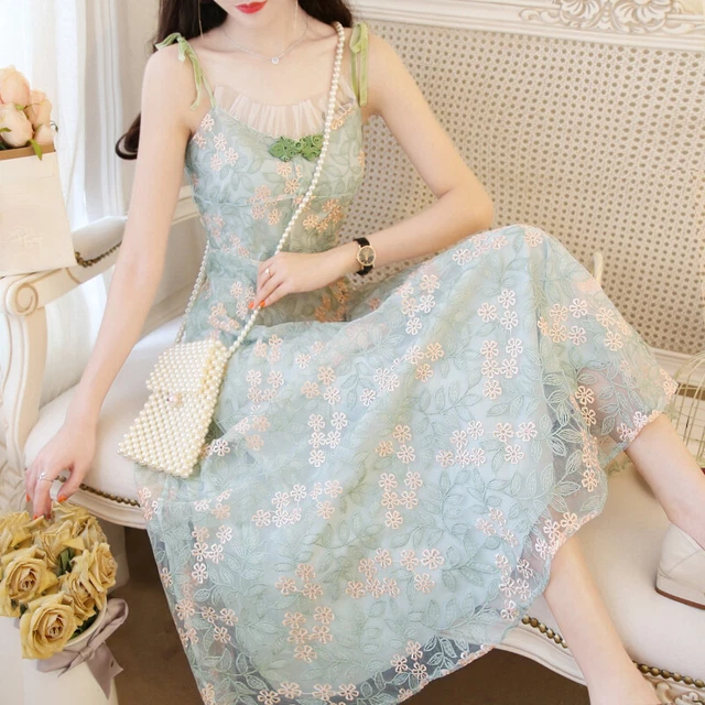 Donna Mori Ragazza Floreale Ricamo Pizzo Abito Midi Lolita a Balze Slim Fairy