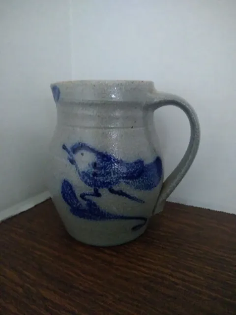 Rowe Pottery Works Blue Bird Jug Pitcher Salt Glaze 1987 Farmhouse Primitive 5"