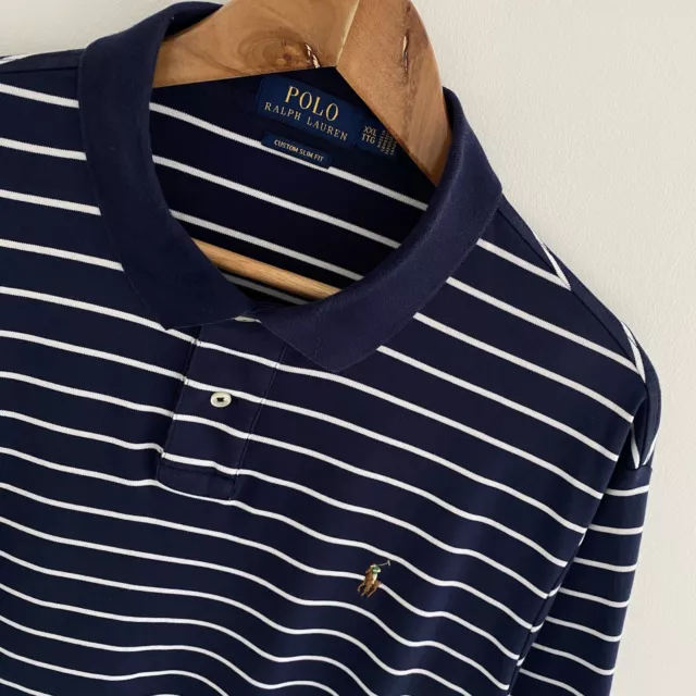 Ralph Lauren Polo Shirt Size 2XL XXL Mens Navy Blue Striped Custom Slim Fit