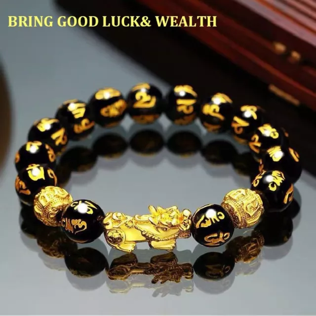 Attract Luck Wealth Feng Shui Black Obsidian Pixiu Piyao Beads Bracelet Charms