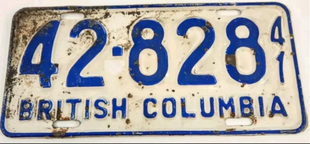 ** 1941 British Columbia License Plate **  # 42-828   Excellent
