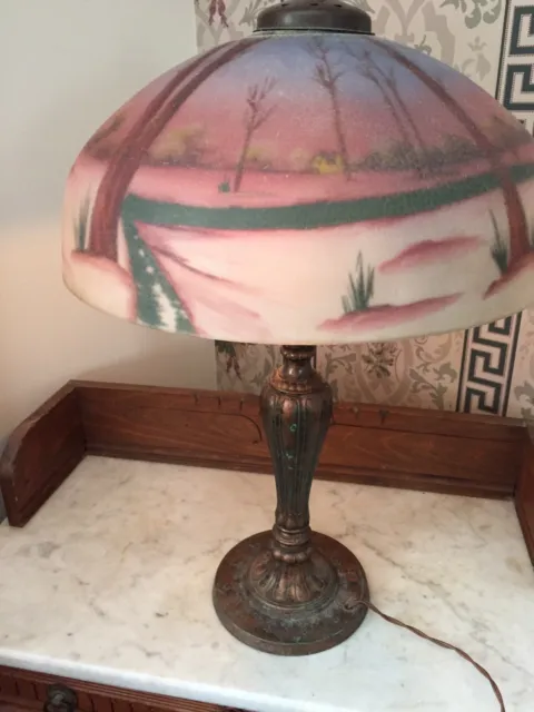 Antique Reverse Painted Chip Ice Lamp  Landscape Deco, Art Nouveau