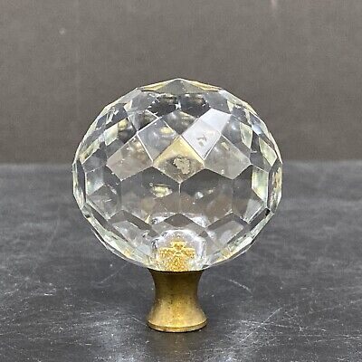 Vintage Antique Crystal Glass Faceted Ball Drawer Knob 1 1/2" Diameter Brass MCM