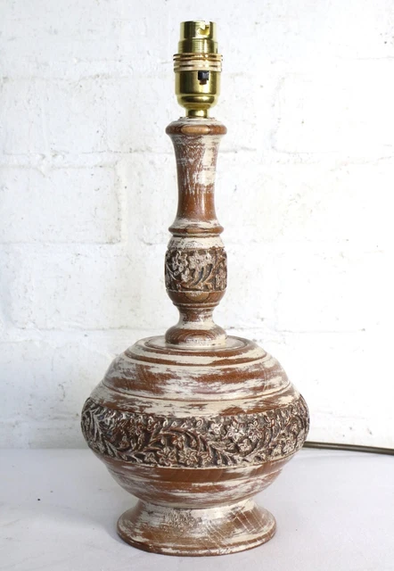 Table Lamp Vintage Distressed Carved Wooden Indian Lamp Mid 20th Century