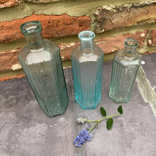 3 x Clear Green Victorian Chemist Poison Glass Bottles Vintage Home Décor