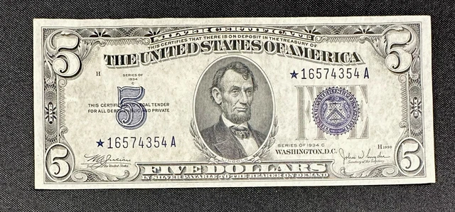 1934 C $5 Dollar Silver Certificate Blue Seal Star Note ⭐️