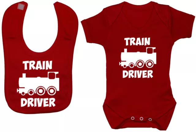 Train Driver Baby Grow Bodysuit Vest Romper & Feeding Bib 0-24m Boy Girl Gift