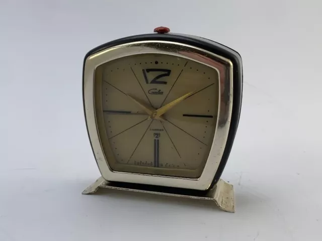 Vintage Soviet USSR Clock Desk Slava 11 Jewels Mechanical Watch Alarm Travel Art