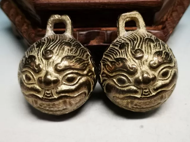 .A SET Pair Ancient Chinese Bronze Bell Old Dragon Head Bronze Bells C50