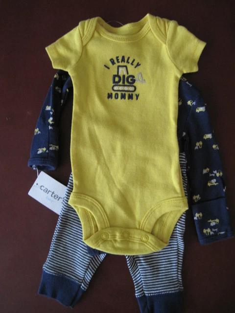 Carters Baby Boy 3 piece set Bodysuits & Pants REALLY DIG MOMMY Yellow Blue NWT