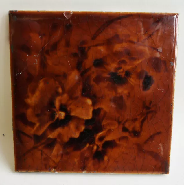 Nice Original 6" x 6" Antique Majolica Moulded Relief Tile Depicting Pansies