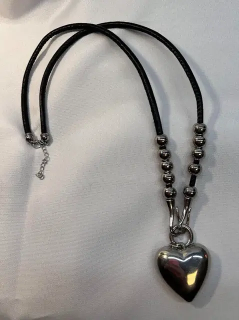 Unique Black Leather Necklace w/Large Silver Tone Puffy Heart Pendant & Beads