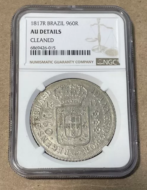 Brazil - 1817-R Large Silver 960 Reis (NGC AU Cleaned)